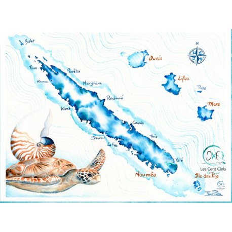 Affiche Les cent ciels « Carte aquarelle de Nouvelle-Calédonie »